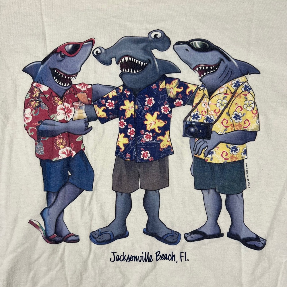 Wild Side Jacksonville Beach Shark Graphic T Shirt Mens XL White Surf Tee